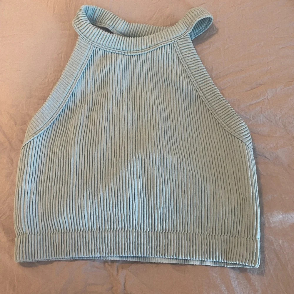 Aerie Real Good Crop Ribbed Tank Top Size M Mint Green Built In Shelf Bra Halter